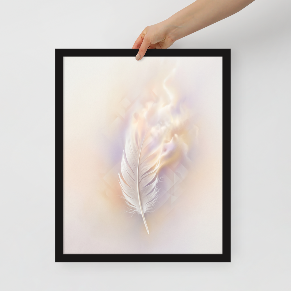 'Ethereal Plume' — a Abstract art print. A single white feather seemingly floating against a soft, luminous background of pastel orange and purple with faint geometric patterns, perfect for a peaceful bedroom.