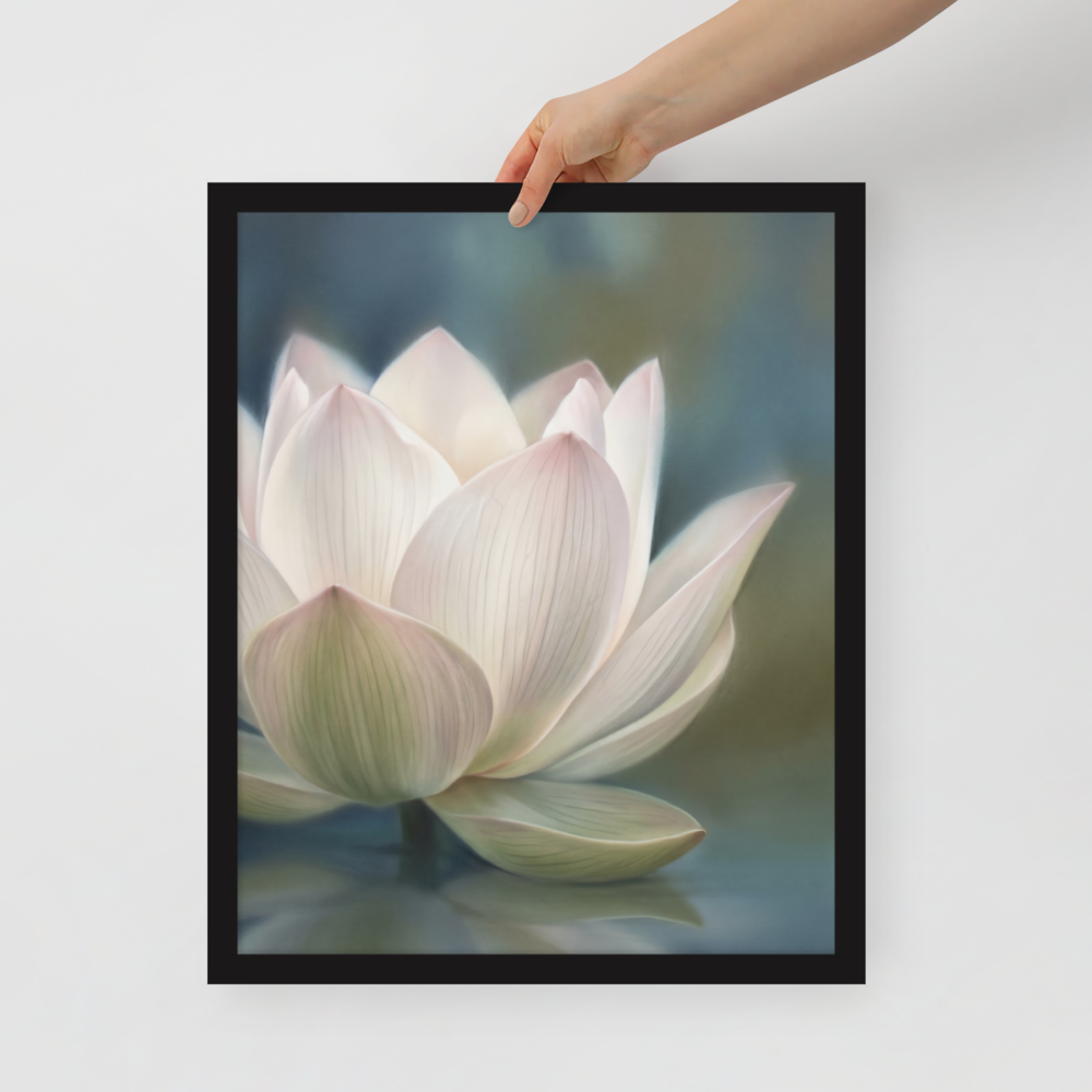 'Serene Lotus Reflection' — a Realism print. A soft, close-up painting of a pale pink and white lotus flower floating on calm, muted blue water, reflecting gently on the surface, suitable for a calm bathroom or living room.