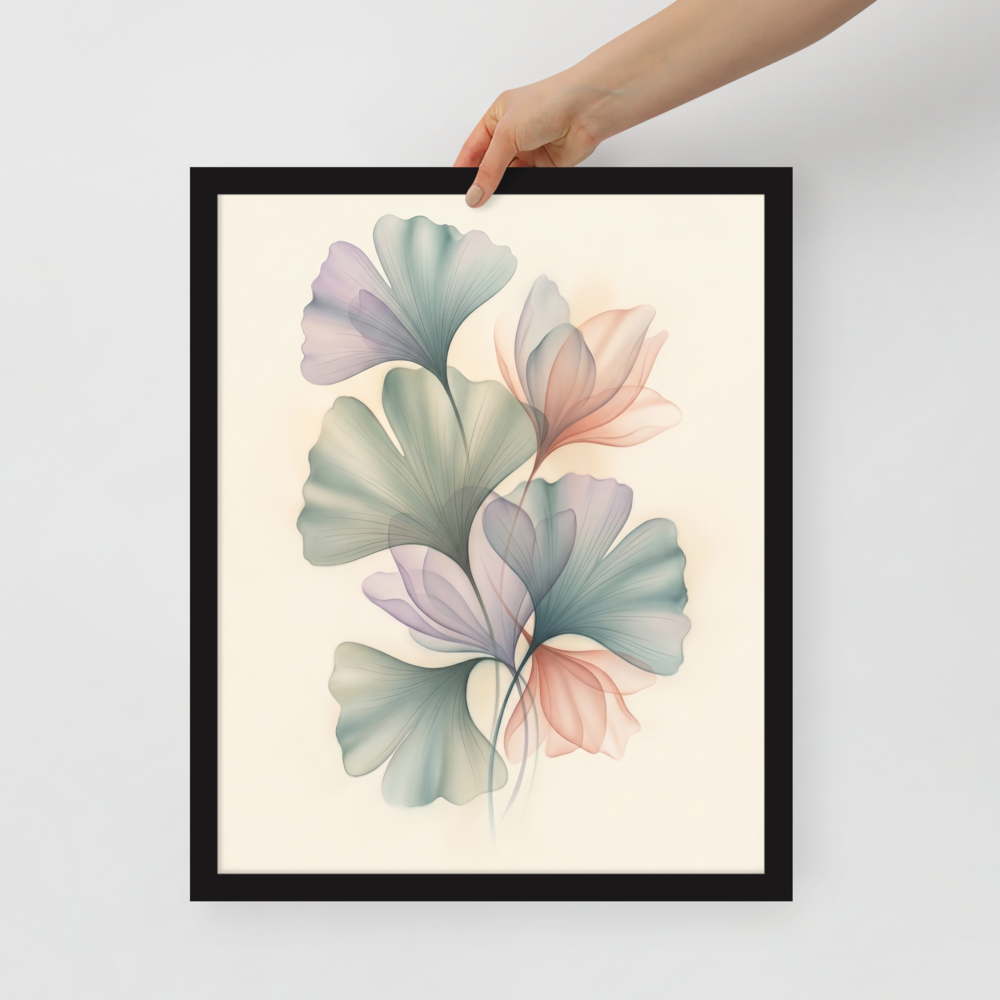 'Ethereal Ginkgo Whispers' — a Abstract art print. An elegant, translucent Airbrush illustration of ginkgo leaves overlapping in soft pastel colors, perfect for a peaceful Bedroom.