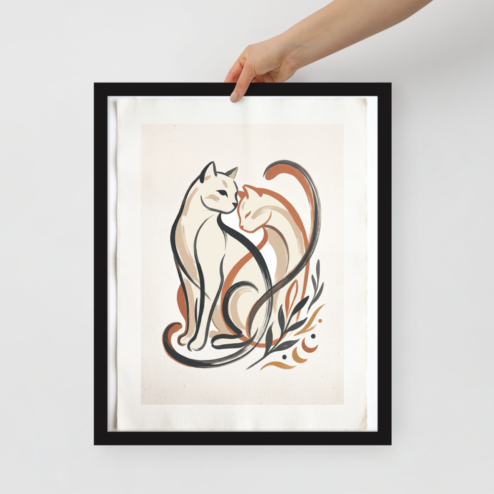 'Feline Affection' — a Minimalism,Abstract art print. A minimalist vector illustration of two cats intertwining lovingly in warm tones of cream, burnt orange, and dark charcoal, accompanied by simple botanical leaf motifs. Ideal for a cozy Nursery or Living Room.