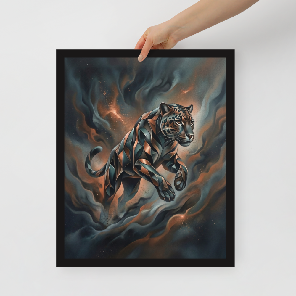 'Phantom Leap' — a Digital art print. A sleek, geometric panther leaping through dark teal and brown smoke in a modern digital art style, ideal for a living room.