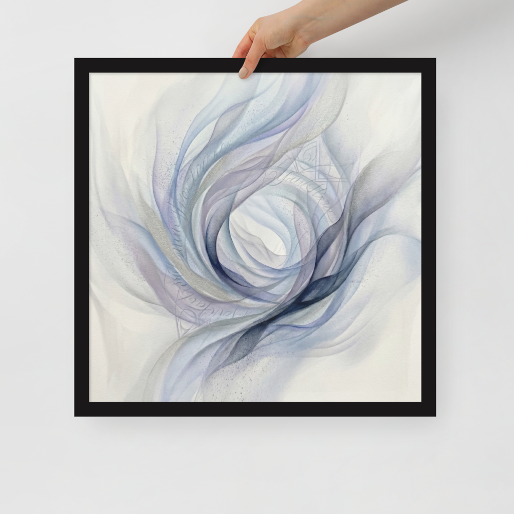 'Ethereal Whispers in the Vortex' — a Abstract art print. An abstract painting featuring swirling smoky ribbons of lavender, grey, and deep blue circling a bright white center, with faint cursive writing and patterns in the background.