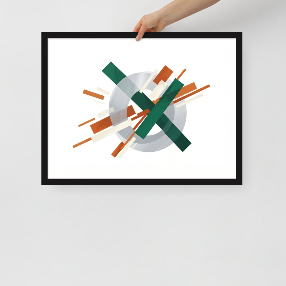'Intersecting Perspectives' — a Suprematism print. An abstract painting of intersecting green and brown rectangular bars laid over a translucent gray circle, ideal for a modern Office.