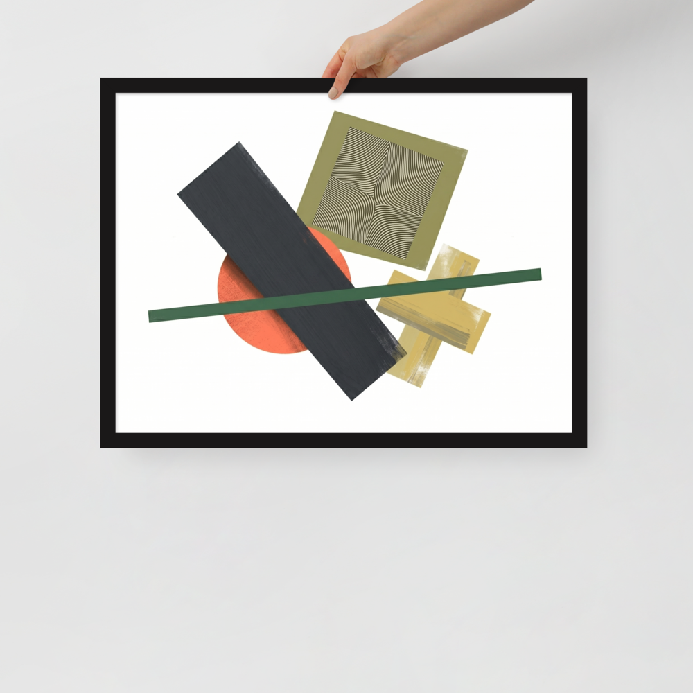 'The Geometry of Sound' — a Suprematism print. An abstract painting featuring a black rectangle, an orange circle, a green diagonal line, and a square with wavy lines, a unique focal point for a Studio.