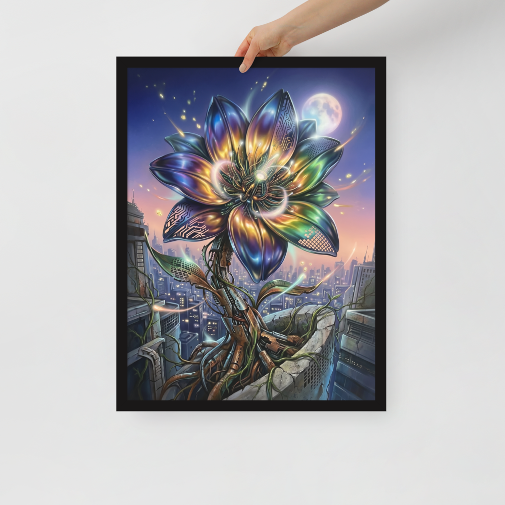 'Cybernetic Bloom' — a Digital art print. A large, glowing cybernetic flower with metallic petals and circuitry blooming out of concrete ruins in a futuristic city, perfect for a Game Room.
