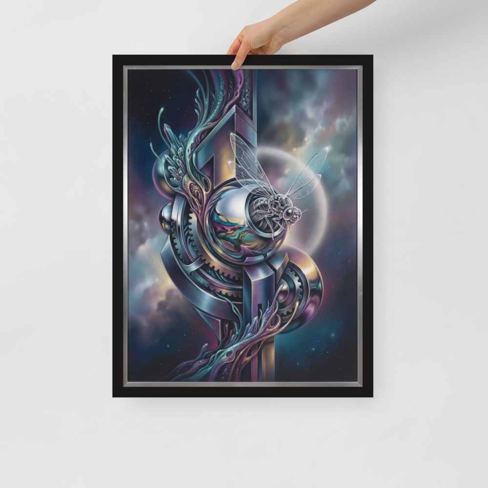 'The Clockwork Aviator' — a Surrealism print. A detailed mechanical insect with translucent wings perched on complex metallic gears floating in a colorful starry sky, an ideal piece for an Office.