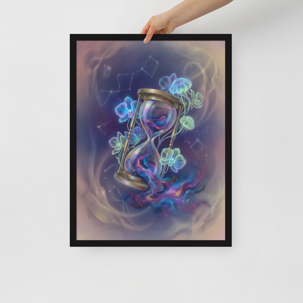 'Sands of the Nebula' — a Magic realism print. A magical brass hourglass filled with a swirling galaxy, surrounded by glowing orchids and jellyfish in a starry sky, ideal for a Bedroom.