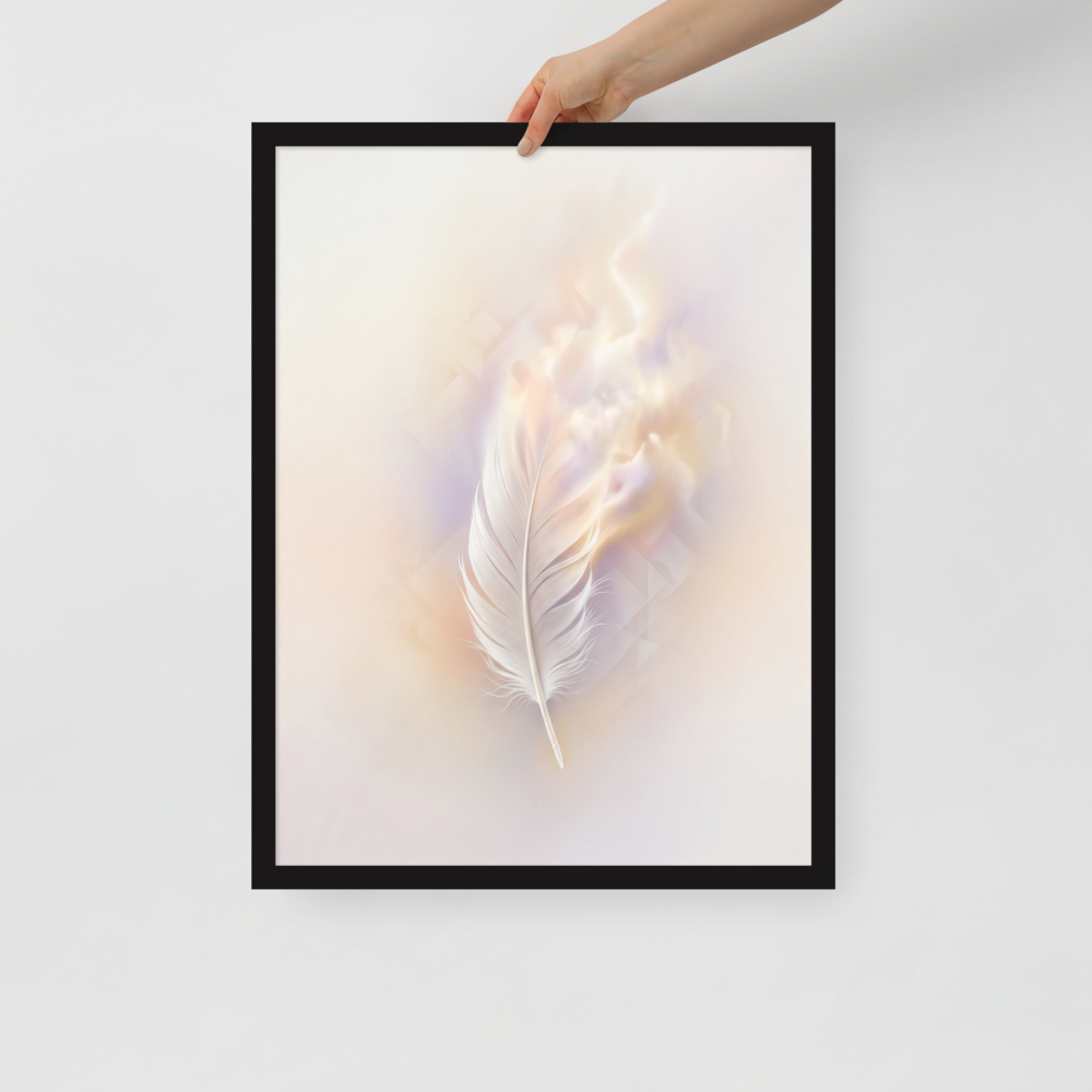 'Ethereal Plume' — a Abstract art print. A single white feather seemingly floating against a soft, luminous background of pastel orange and purple with faint geometric patterns, perfect for a peaceful bedroom.