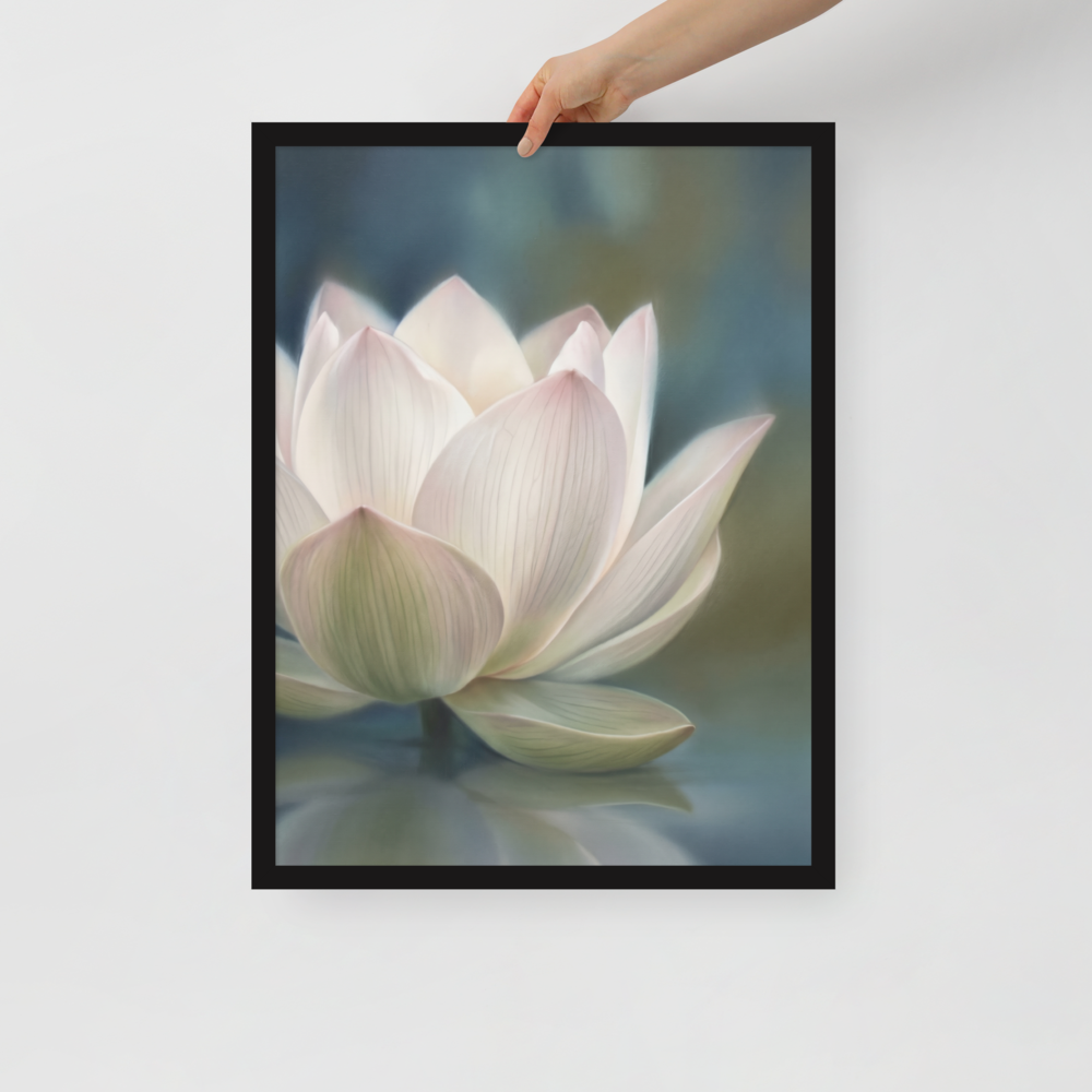 'Serene Lotus Reflection' — a Realism print. A soft, close-up painting of a pale pink and white lotus flower floating on calm, muted blue water, reflecting gently on the surface, suitable for a calm bathroom or living room.