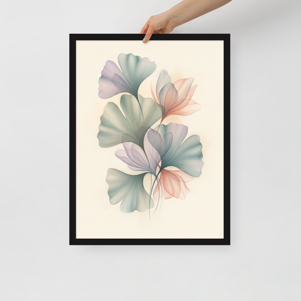 'Ethereal Ginkgo Whispers' — a Abstract art print. An elegant, translucent Airbrush illustration of ginkgo leaves overlapping in soft pastel colors, perfect for a peaceful Bedroom.