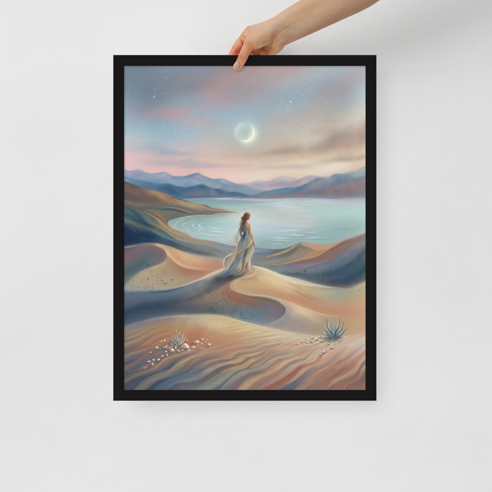 'Desert Moonrise' — a Magic realism print. A woman in a flowing dress standing on rolling sand dunes looking over a turquoise bay toward mountains under a twilight sky with a crescent moon.