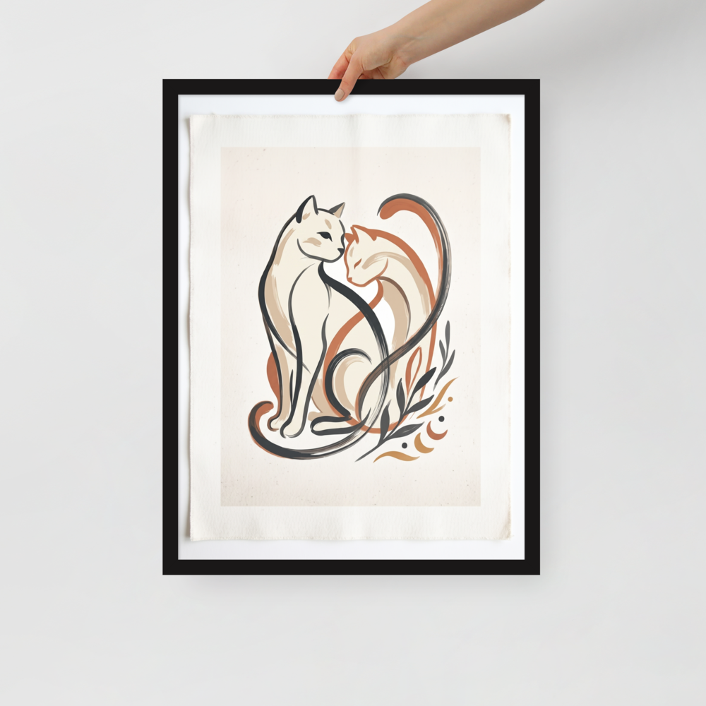 'Feline Affection' — a Minimalism,Abstract art print. A minimalist vector illustration of two cats intertwining lovingly in warm tones of cream, burnt orange, and dark charcoal, accompanied by simple botanical leaf motifs. Ideal for a cozy Nursery or Living Room.