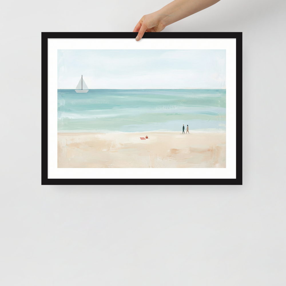 'Coastal Stroll' — a Minimalism,Impressionism print. A wide, minimalist painting of a beach with a couple walking, a red towel on the sand, and a sailboat on calm turquoise water, perfect for a Bedroom or Sunroom.
