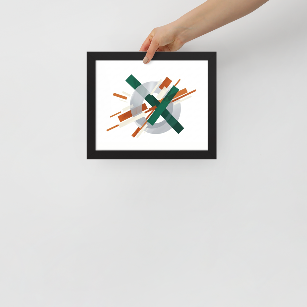 'Intersecting Perspectives' — a Suprematism print. An abstract painting of intersecting green and brown rectangular bars laid over a translucent gray circle, ideal for a modern Office.