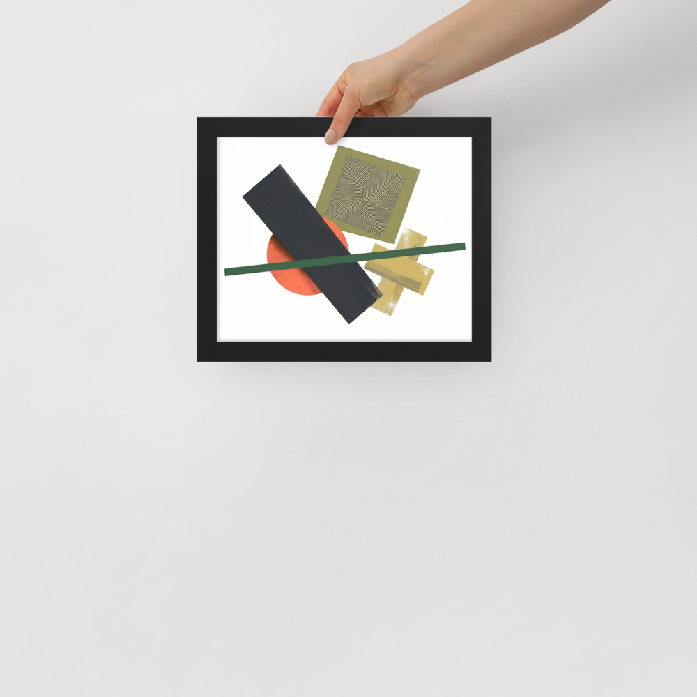 'The Geometry of Sound' — a Suprematism print. An abstract painting featuring a black rectangle, an orange circle, a green diagonal line, and a square with wavy lines, a unique focal point for a Studio.