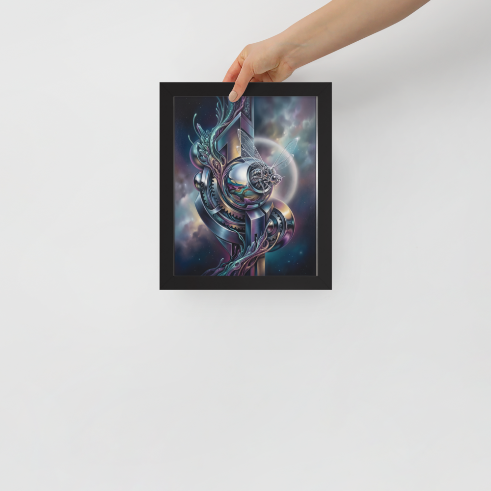 'The Clockwork Aviator' — a Surrealism print. A detailed mechanical insect with translucent wings perched on complex metallic gears floating in a colorful starry sky, an ideal piece for an Office.