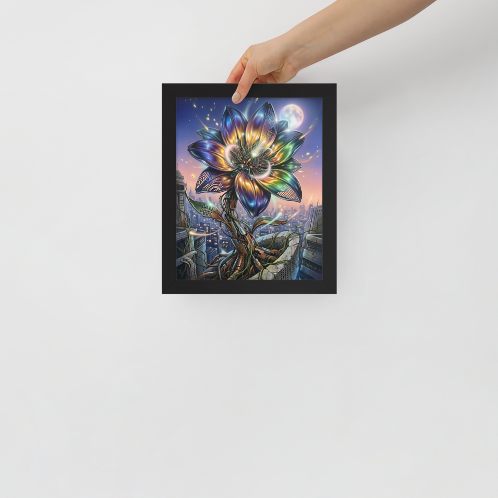 'Cybernetic Bloom' — a Digital art print. A large, glowing cybernetic flower with metallic petals and circuitry blooming out of concrete ruins in a futuristic city, perfect for a Game Room.