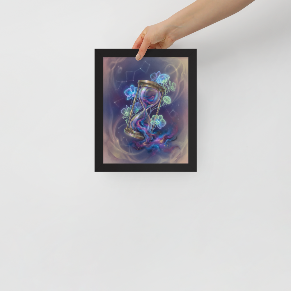 'Sands of the Nebula' — a Magic realism print. A magical brass hourglass filled with a swirling galaxy, surrounded by glowing orchids and jellyfish in a starry sky, ideal for a Bedroom.