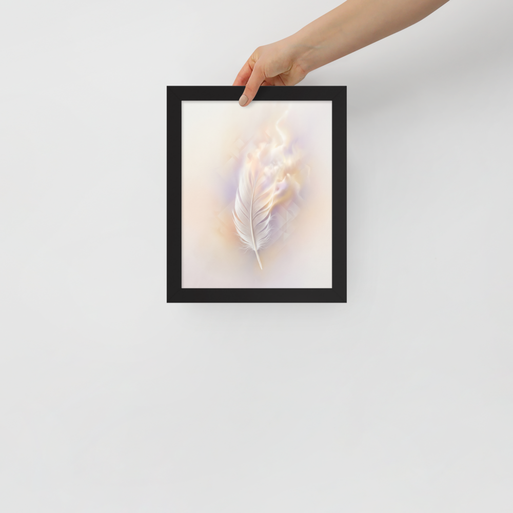 'Ethereal Plume' — a Abstract art print. A single white feather seemingly floating against a soft, luminous background of pastel orange and purple with faint geometric patterns, perfect for a peaceful bedroom.