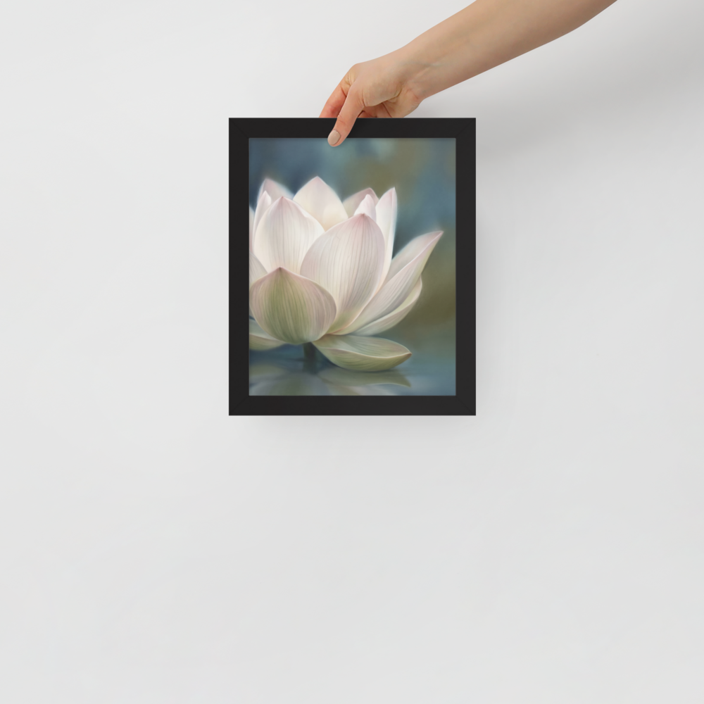 'Serene Lotus Reflection' — a Realism print. A soft, close-up painting of a pale pink and white lotus flower floating on calm, muted blue water, reflecting gently on the surface, suitable for a calm bathroom or living room.