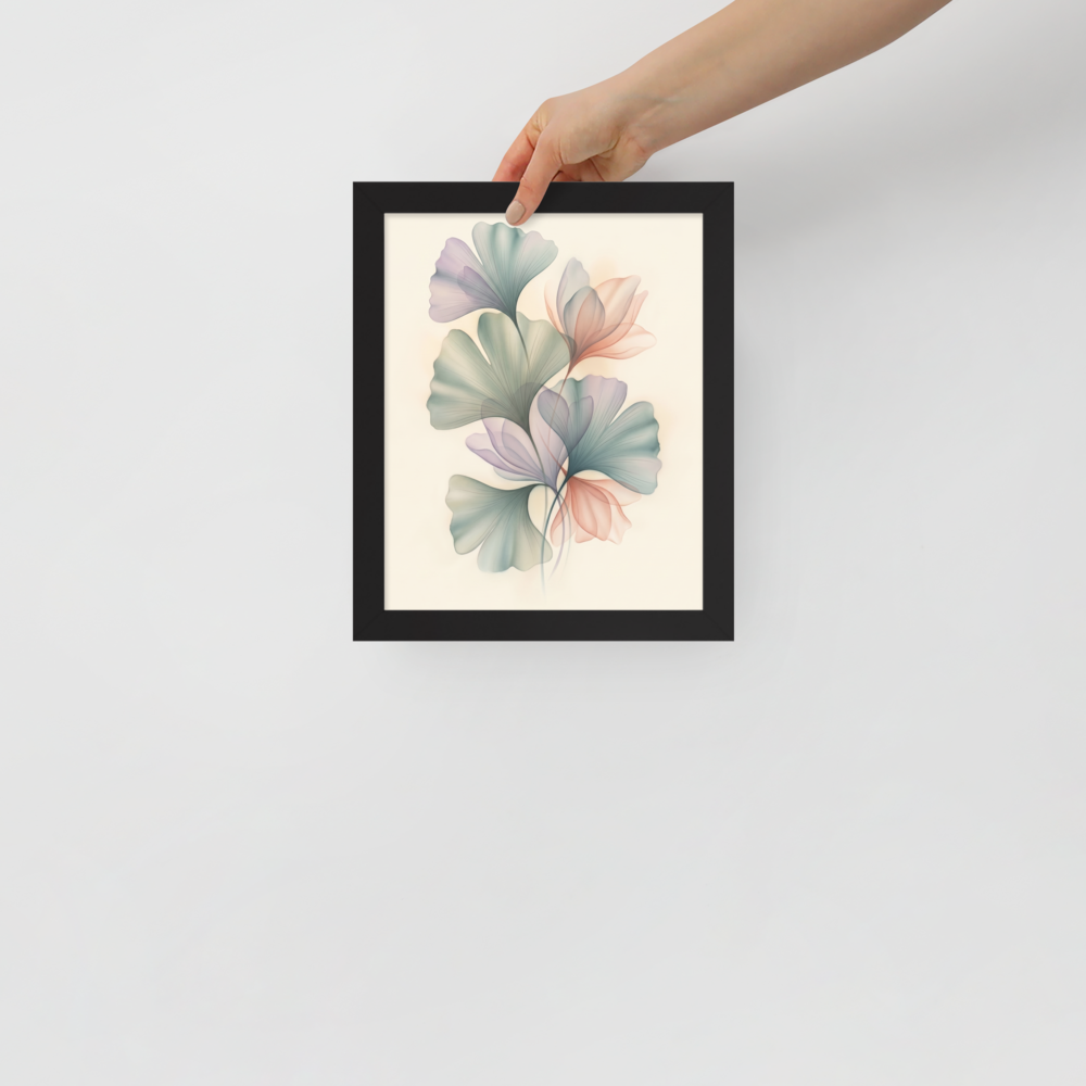 'Ethereal Ginkgo Whispers' — a Abstract art print. An elegant, translucent Airbrush illustration of ginkgo leaves overlapping in soft pastel colors, perfect for a peaceful Bedroom.
