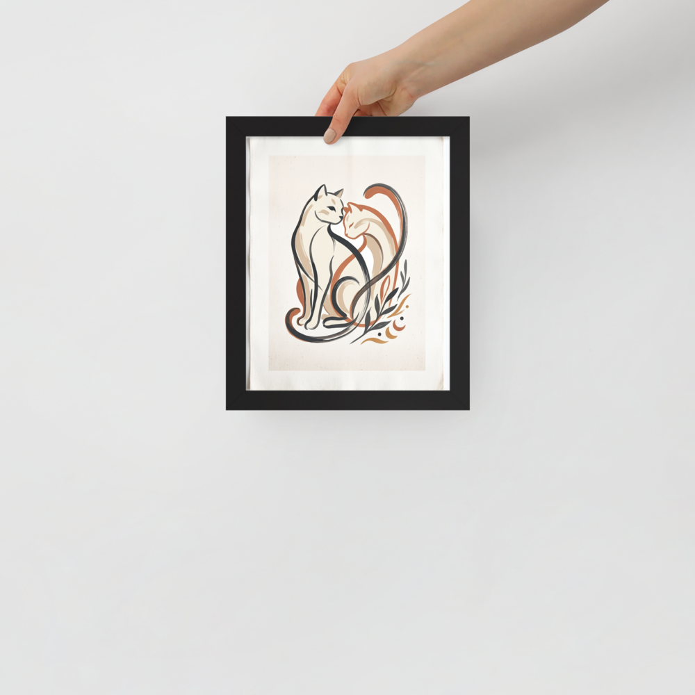 'Feline Affection' — a Minimalism,Abstract art print. A minimalist vector illustration of two cats intertwining lovingly in warm tones of cream, burnt orange, and dark charcoal, accompanied by simple botanical leaf motifs. Ideal for a cozy Nursery or Living Room.
