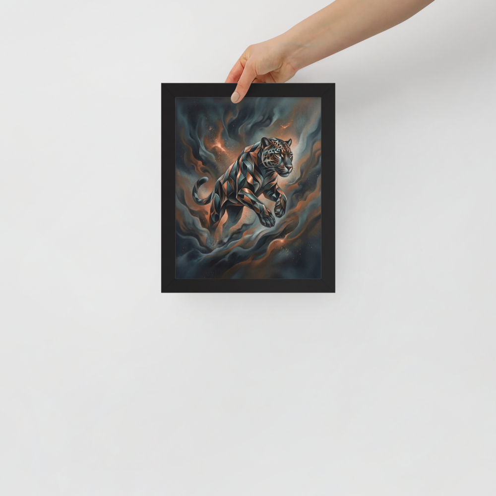'Phantom Leap' — a Digital art print. A sleek, geometric panther leaping through dark teal and brown smoke in a modern digital art style, ideal for a living room.