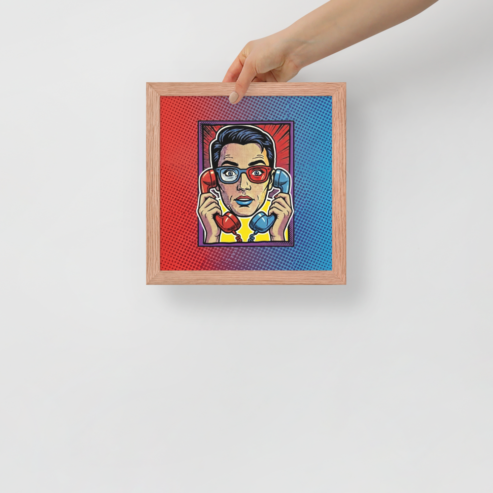 'Bipartisan Static' — a Pop art print. A pop art illustration of a confused woman wearing red and blue 3D glasses, holding a red telephone receiver to one ear and a blue one to the other, set against a red and blue halftone gradient, ideal for a Living Room.