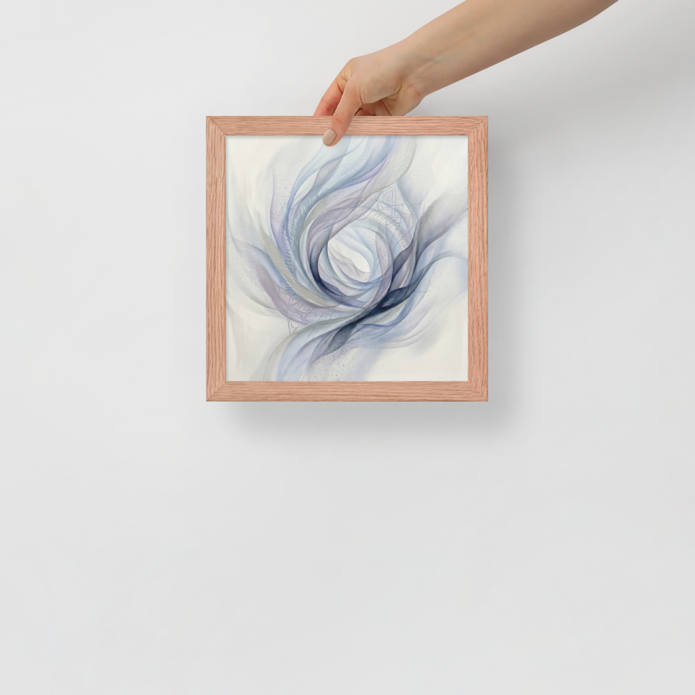 'Ethereal Whispers in the Vortex' — a Abstract art print. An abstract painting featuring swirling smoky ribbons of lavender, grey, and deep blue circling a bright white center, with faint cursive writing and patterns in the background.