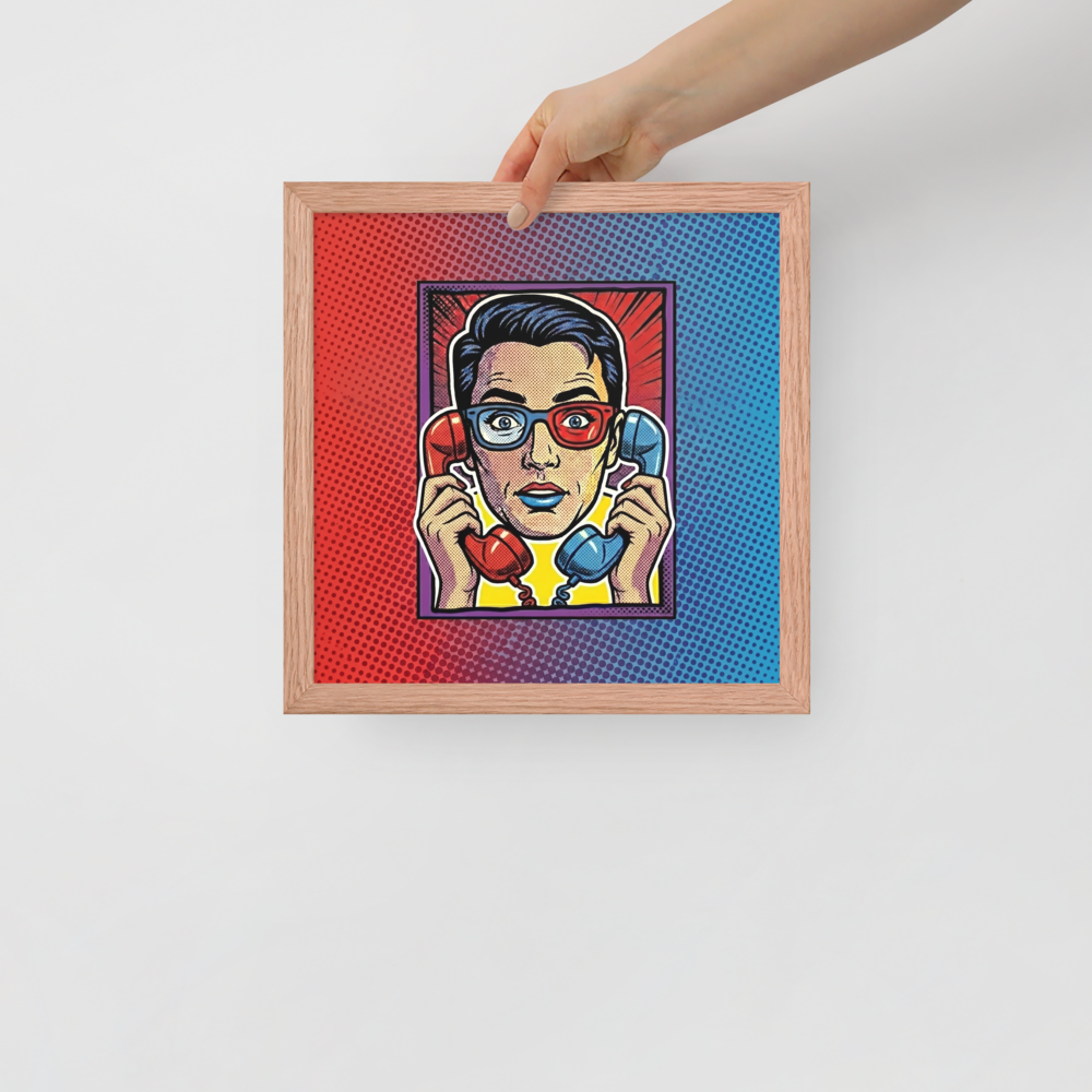 'Bipartisan Static' — a Pop art print. A pop art illustration of a confused woman wearing red and blue 3D glasses, holding a red telephone receiver to one ear and a blue one to the other, set against a red and blue halftone gradient, ideal for a Living Room.