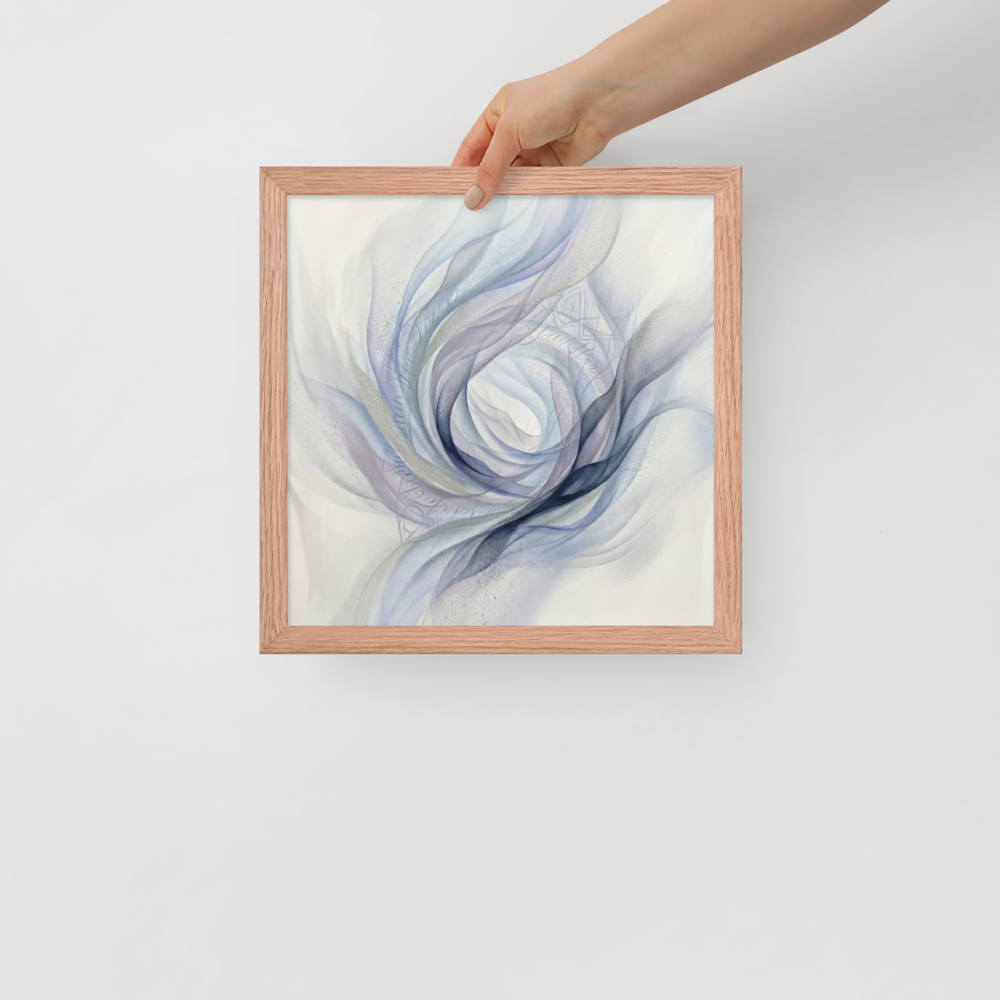 'Ethereal Whispers in the Vortex' — a Abstract art print. An abstract painting featuring swirling smoky ribbons of lavender, grey, and deep blue circling a bright white center, with faint cursive writing and patterns in the background.