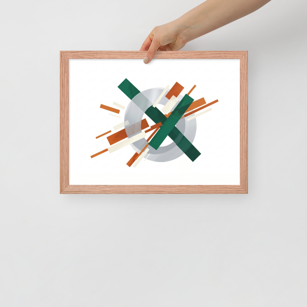 'Intersecting Perspectives' — a Suprematism print. An abstract painting of intersecting green and brown rectangular bars laid over a translucent gray circle, ideal for a modern Office.