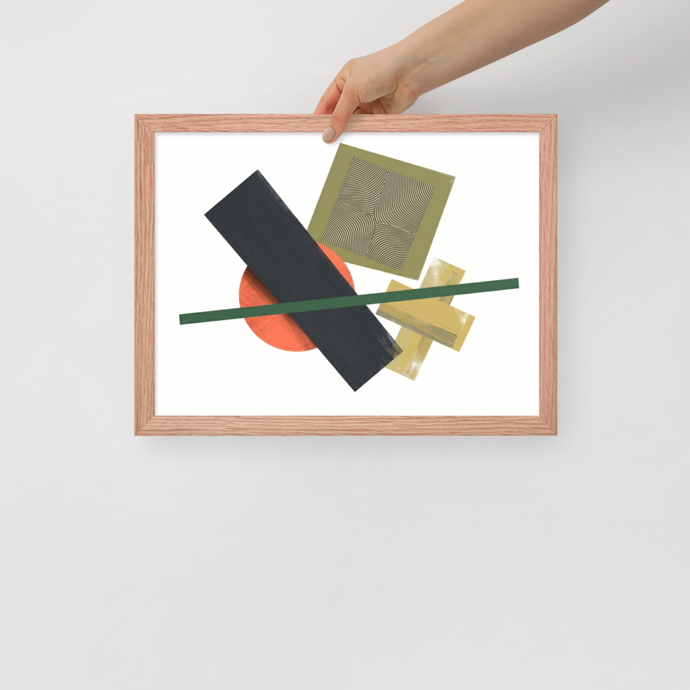 'The Geometry of Sound' — a Suprematism print. An abstract painting featuring a black rectangle, an orange circle, a green diagonal line, and a square with wavy lines, a unique focal point for a Studio.