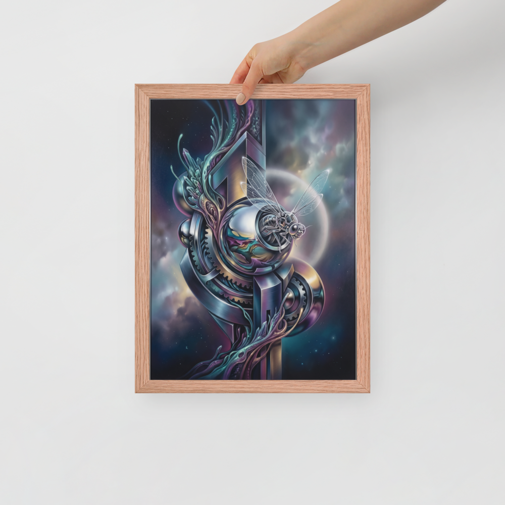 'The Clockwork Aviator' — a Surrealism print. A detailed mechanical insect with translucent wings perched on complex metallic gears floating in a colorful starry sky, an ideal piece for an Office.