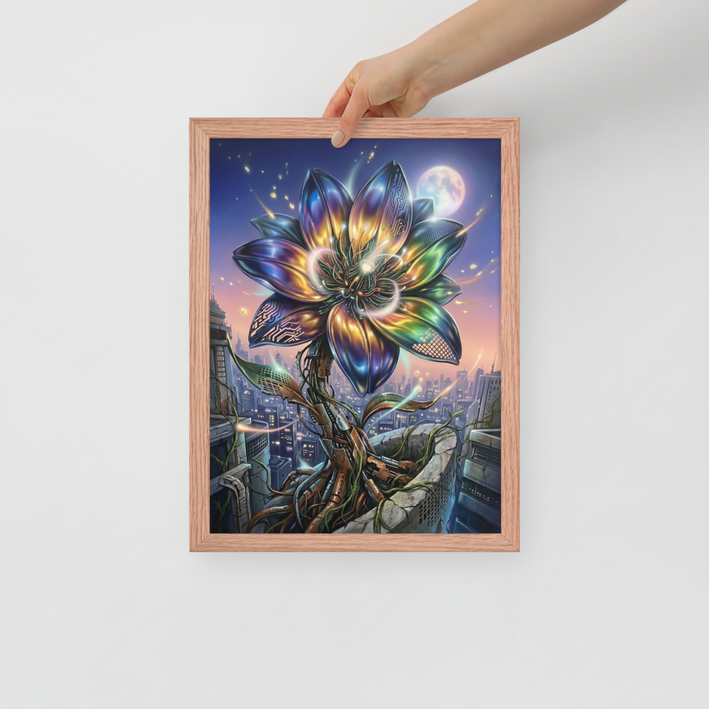 'Cybernetic Bloom' — a Digital art print. A large, glowing cybernetic flower with metallic petals and circuitry blooming out of concrete ruins in a futuristic city, perfect for a Game Room.