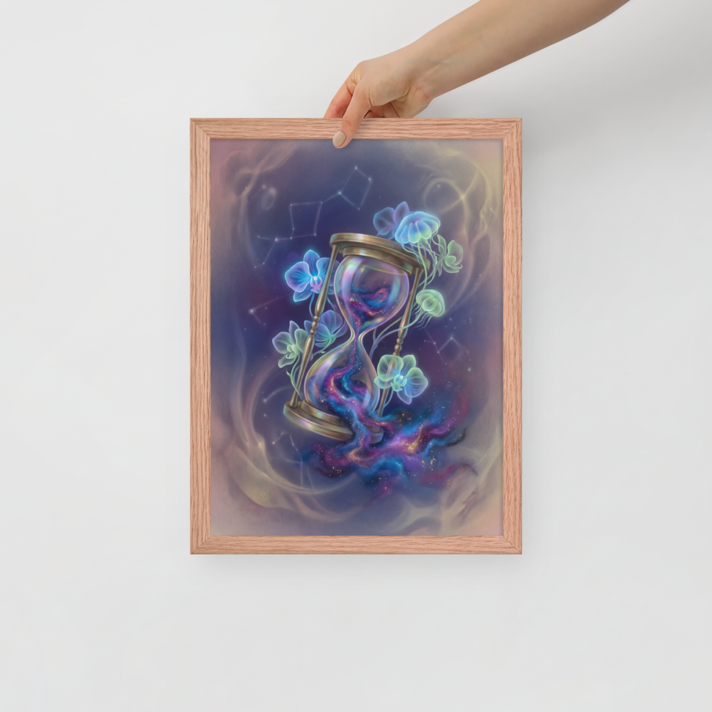 'Sands of the Nebula' — a Magic realism print. A magical brass hourglass filled with a swirling galaxy, surrounded by glowing orchids and jellyfish in a starry sky, ideal for a Bedroom.