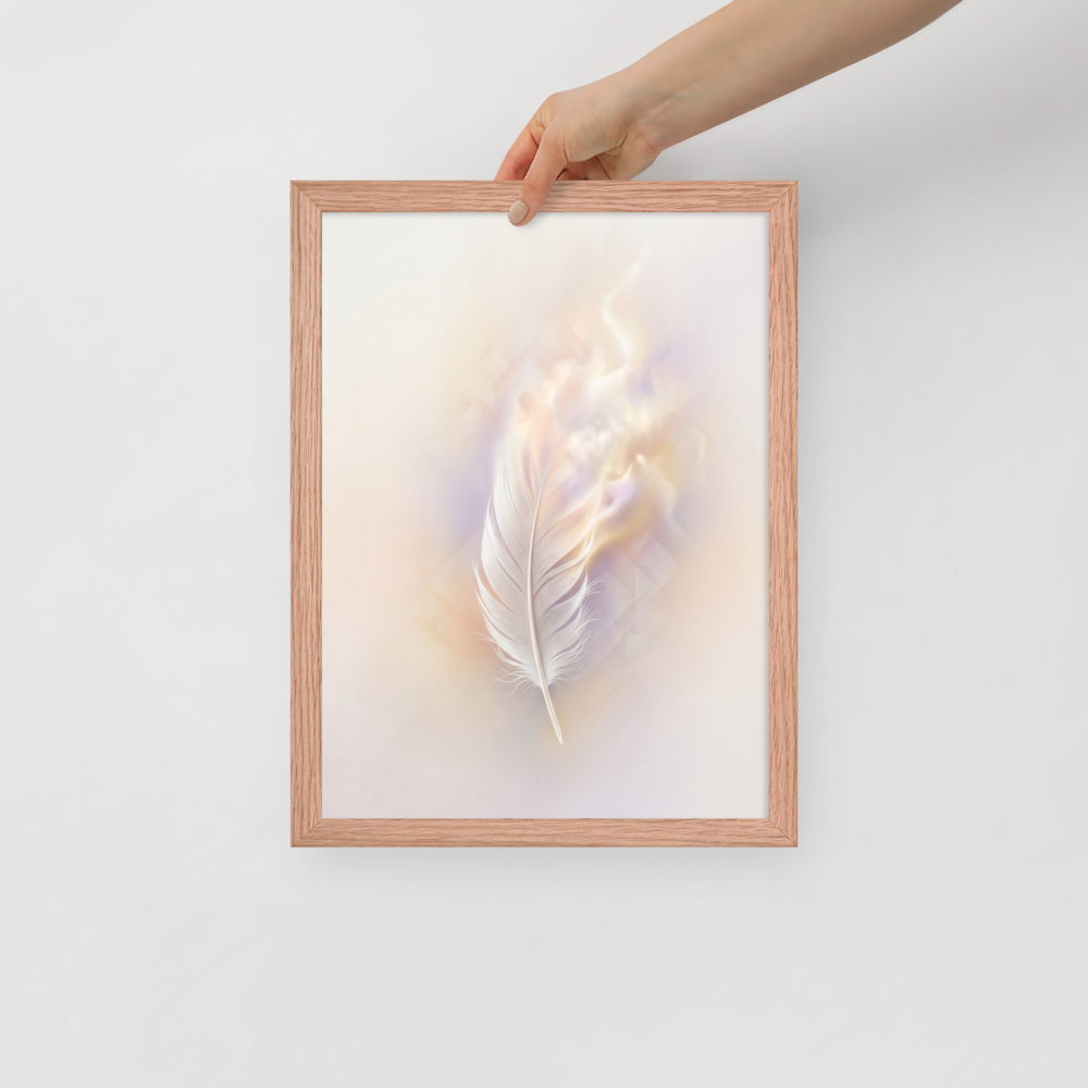 'Ethereal Plume' — a Abstract art print. A single white feather seemingly floating against a soft, luminous background of pastel orange and purple with faint geometric patterns, perfect for a peaceful bedroom.