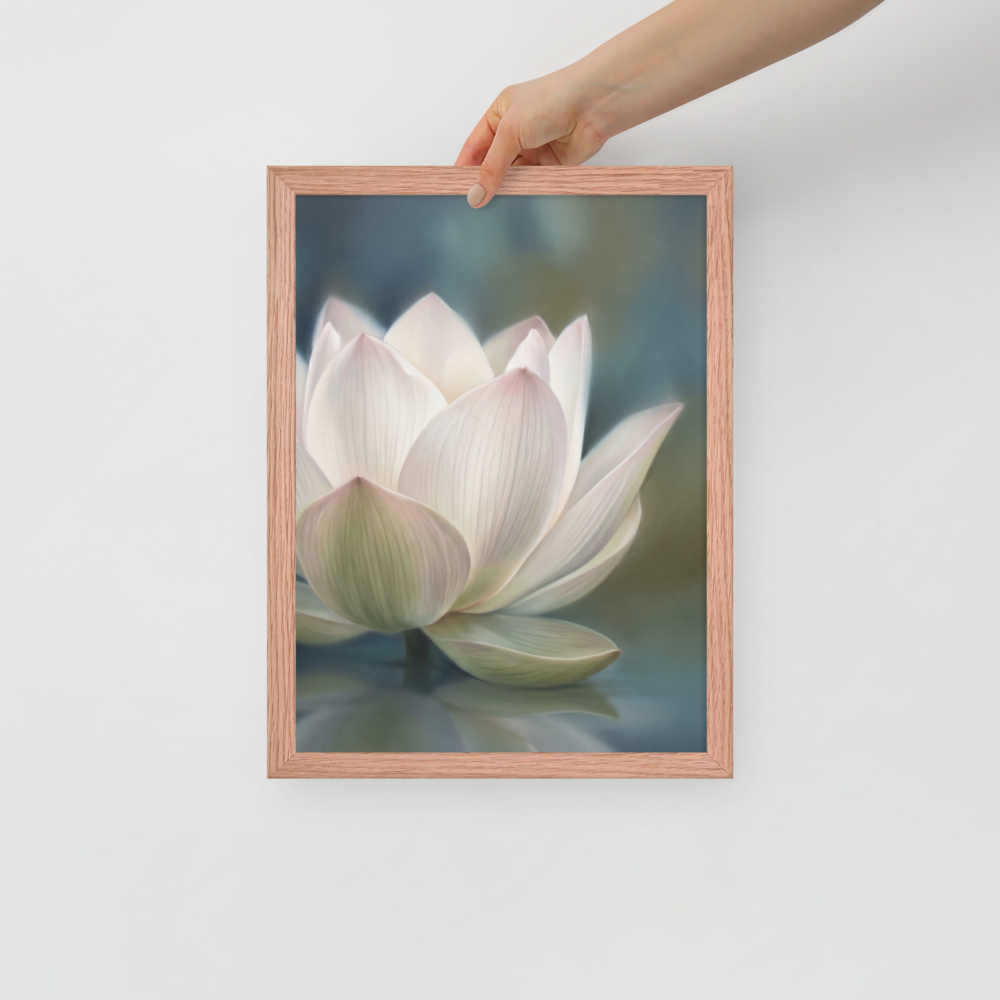 'Serene Lotus Reflection' — a Realism print. A soft, close-up painting of a pale pink and white lotus flower floating on calm, muted blue water, reflecting gently on the surface, suitable for a calm bathroom or living room.