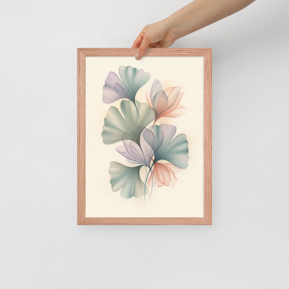 'Ethereal Ginkgo Whispers' — a Abstract art print. An elegant, translucent Airbrush illustration of ginkgo leaves overlapping in soft pastel colors, perfect for a peaceful Bedroom.