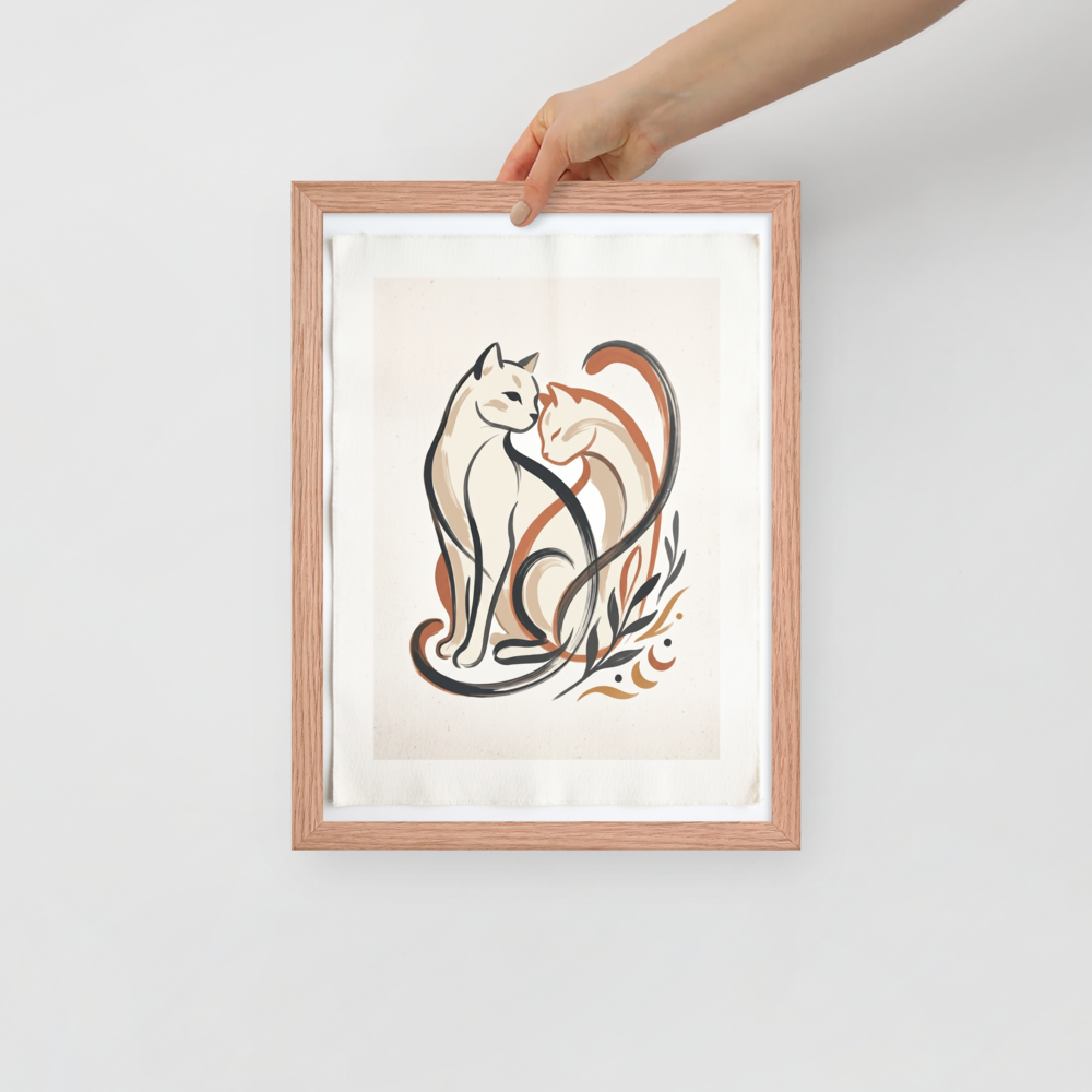 'Feline Affection' — a Minimalism,Abstract art print. A minimalist vector illustration of two cats intertwining lovingly in warm tones of cream, burnt orange, and dark charcoal, accompanied by simple botanical leaf motifs. Ideal for a cozy Nursery or Living Room.