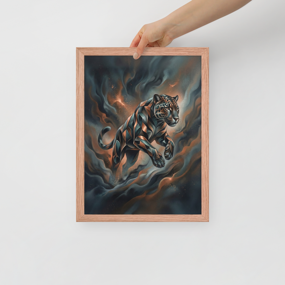 'Phantom Leap' — a Digital art print. A sleek, geometric panther leaping through dark teal and brown smoke in a modern digital art style, ideal for a living room.