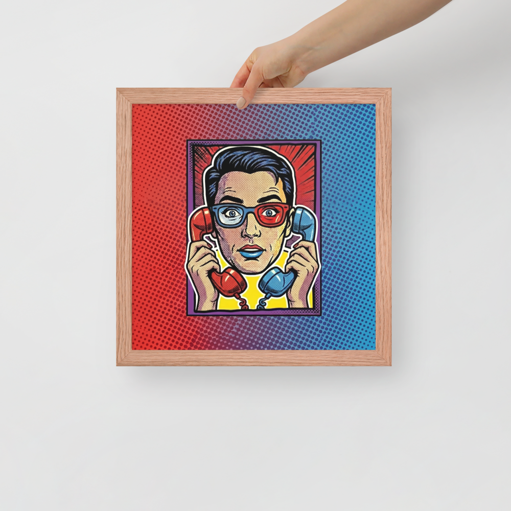 'Bipartisan Static' — a Pop art print. A pop art illustration of a confused woman wearing red and blue 3D glasses, holding a red telephone receiver to one ear and a blue one to the other, set against a red and blue halftone gradient, ideal for a Living Room.