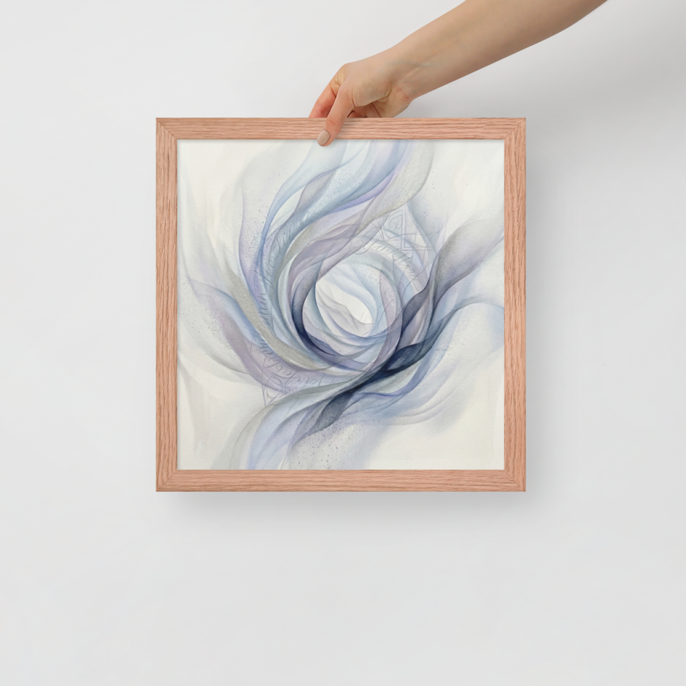 'Ethereal Whispers in the Vortex' — a Abstract art print. An abstract painting featuring swirling smoky ribbons of lavender, grey, and deep blue circling a bright white center, with faint cursive writing and patterns in the background.