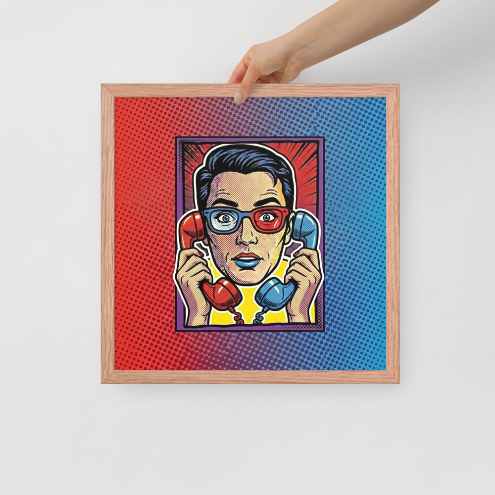 'Bipartisan Static' — a Pop art print. A pop art illustration of a confused woman wearing red and blue 3D glasses, holding a red telephone receiver to one ear and a blue one to the other, set against a red and blue halftone gradient, ideal for a Living Room.