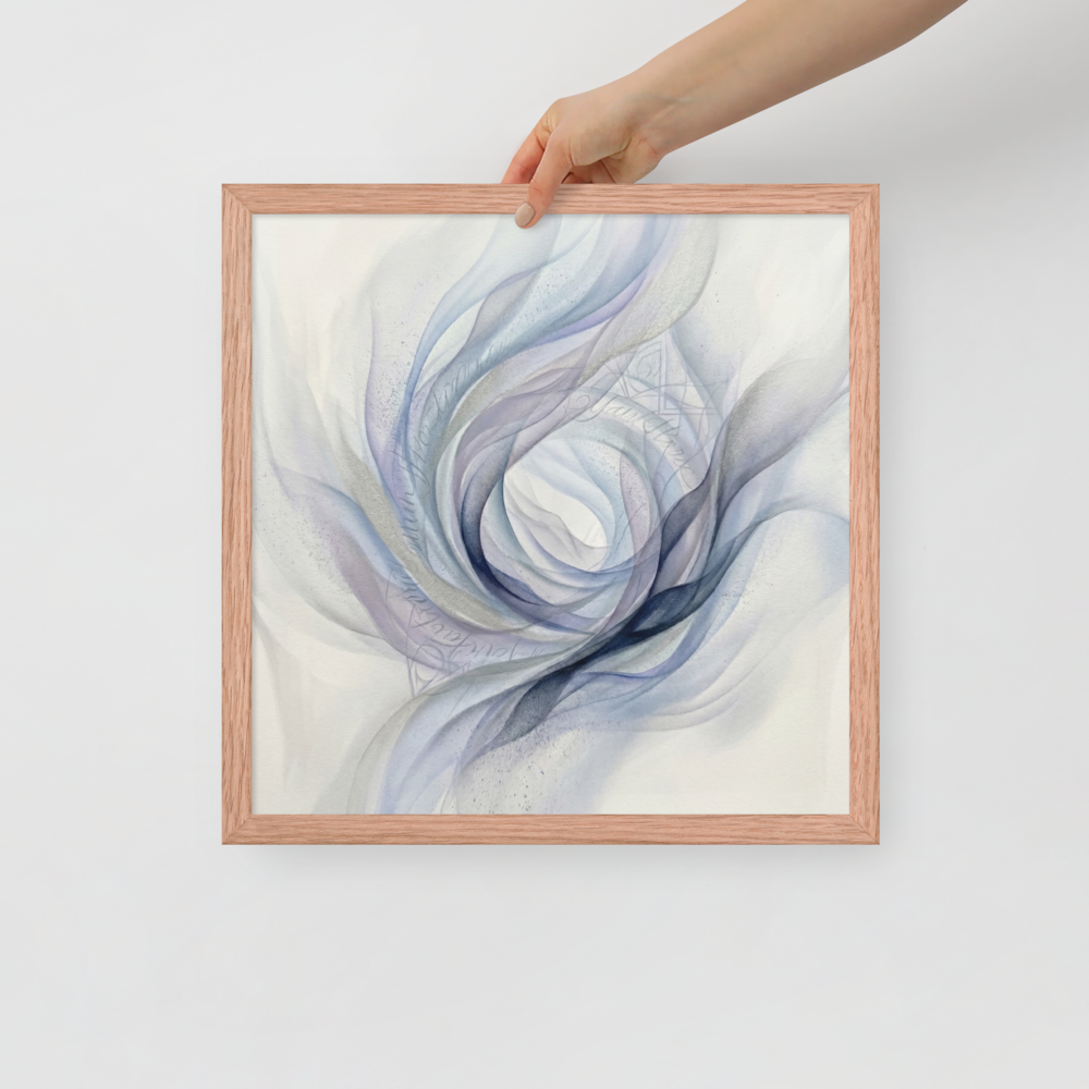 'Ethereal Whispers in the Vortex' — a Abstract art print. An abstract painting featuring swirling smoky ribbons of lavender, grey, and deep blue circling a bright white center, with faint cursive writing and patterns in the background.