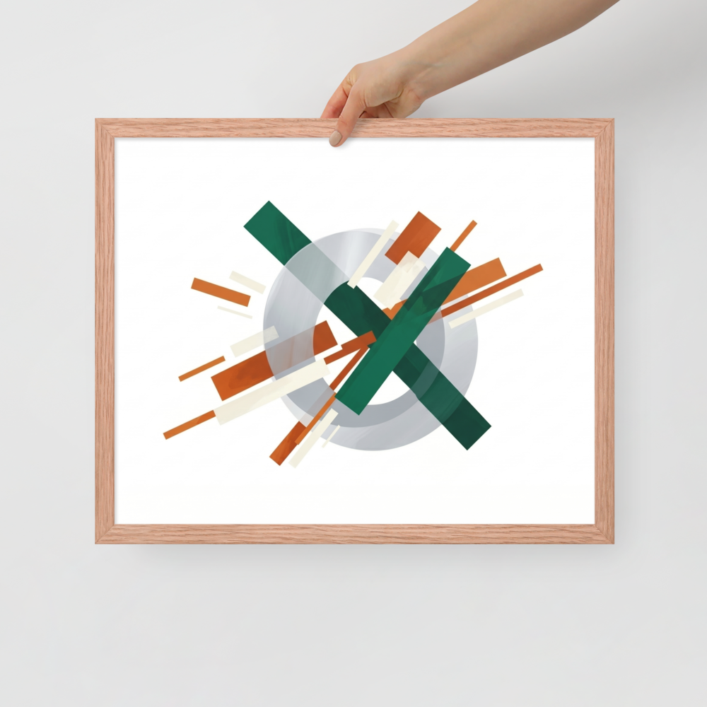 'Intersecting Perspectives' — a Suprematism print. An abstract painting of intersecting green and brown rectangular bars laid over a translucent gray circle, ideal for a modern Office.