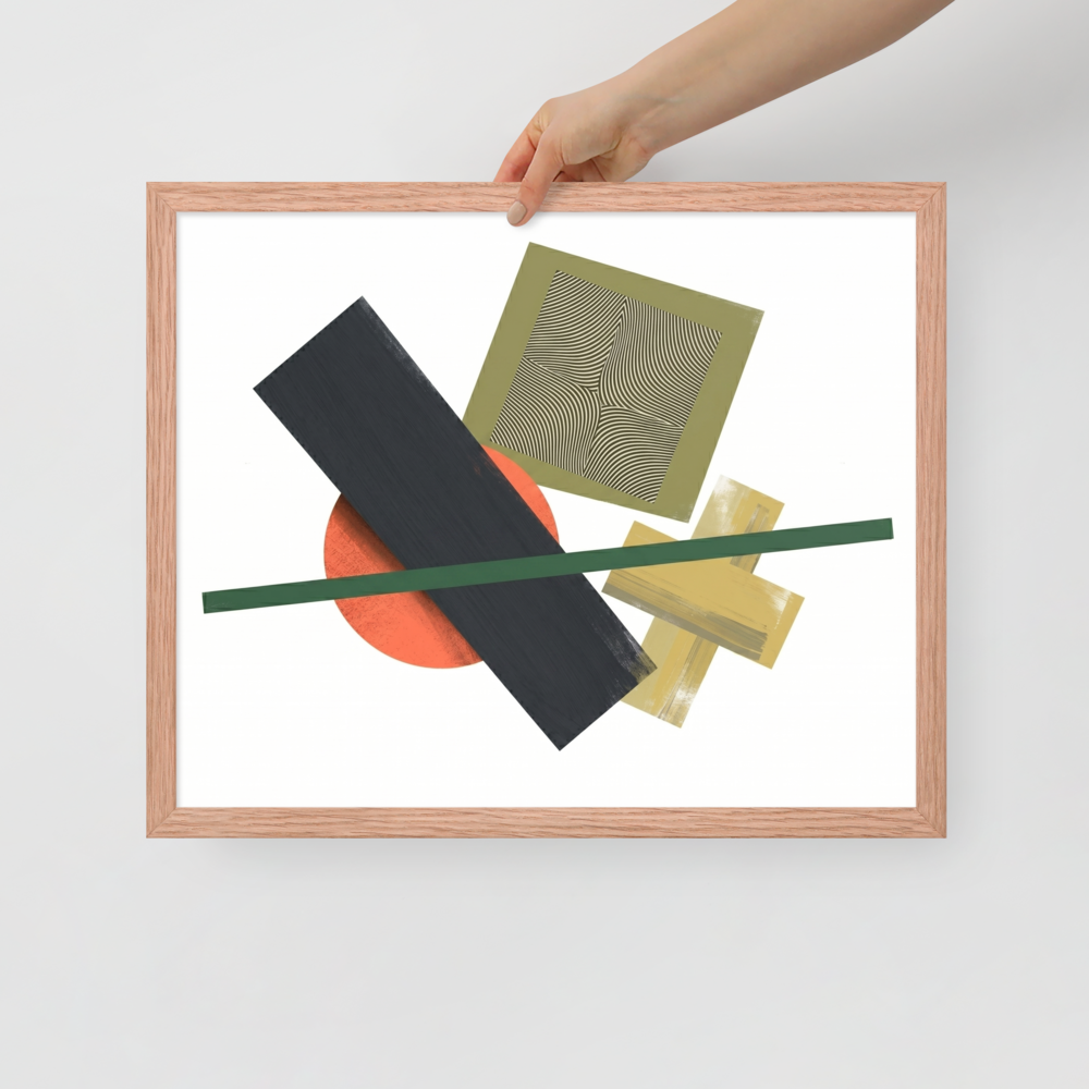 'The Geometry of Sound' — a Suprematism print. An abstract painting featuring a black rectangle, an orange circle, a green diagonal line, and a square with wavy lines, a unique focal point for a Studio.