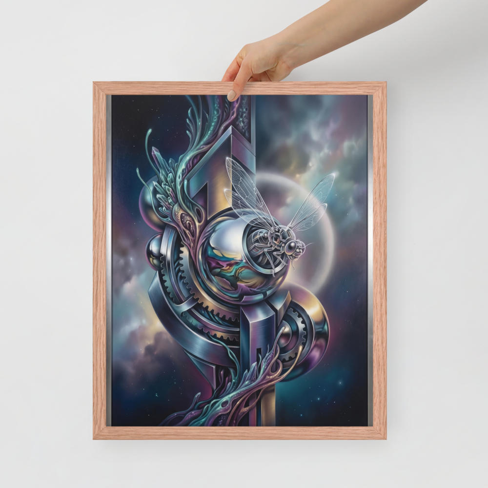'The Clockwork Aviator' — a Surrealism print. A detailed mechanical insect with translucent wings perched on complex metallic gears floating in a colorful starry sky, an ideal piece for an Office.
