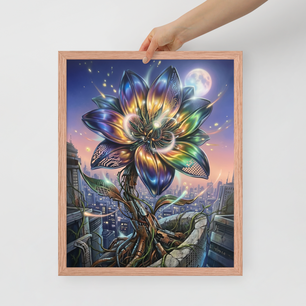 'Cybernetic Bloom' — a Digital art print. A large, glowing cybernetic flower with metallic petals and circuitry blooming out of concrete ruins in a futuristic city, perfect for a Game Room.