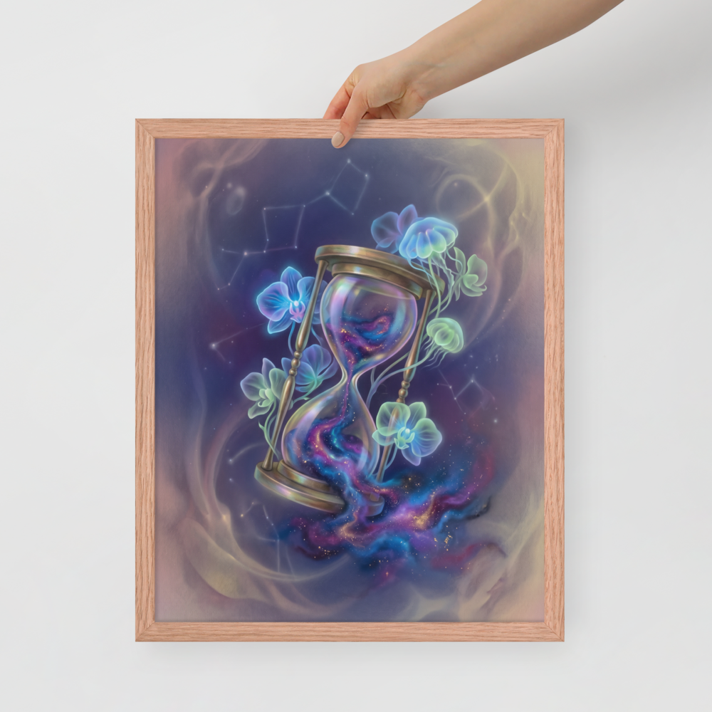 'Sands of the Nebula' — a Magic realism print. A magical brass hourglass filled with a swirling galaxy, surrounded by glowing orchids and jellyfish in a starry sky, ideal for a Bedroom.